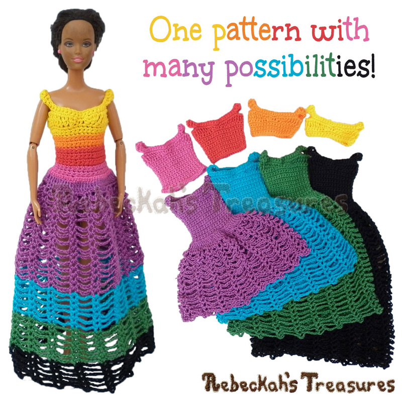 8 in 1 Brassieres to Dresses for Fashion Dolls | FREE crochet pattern via @beckastreasures | One crochet pattern, a rainbow of possibilities! #barbie #crochet